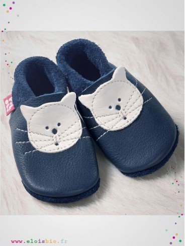 Chausson enfant en cuir Kitty Bleu tannage végétal