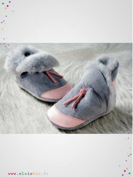 Chausson cuir fourrés gris et rose