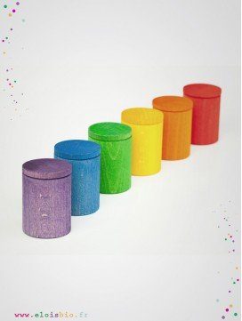 6 pots avec couvercles multicolores en bois