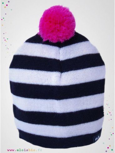 eloisbio-bonnet en laine black&white pompon cerise bellio