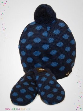 Ensemble bébé bonnet et moufles Marine à pois bleu