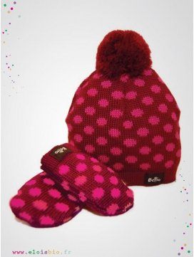 Ensemble bébé bonnet et moufles bordeaux à pois cerise