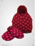 Ensemble bébé bonnet et moufles bordeaux à pois cerise